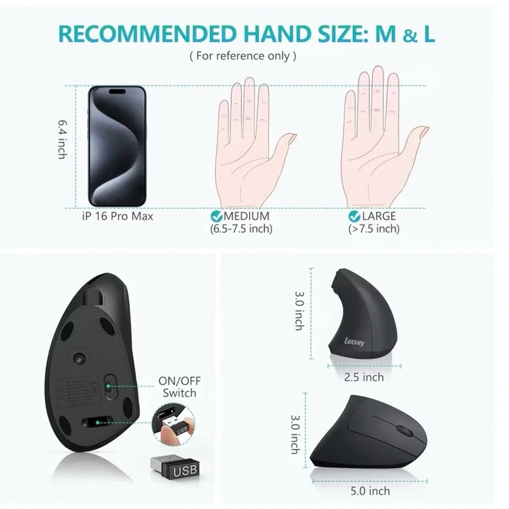 Levkey Vertical Black Ergonomic Rechargeable Wireless Mouse (A171)